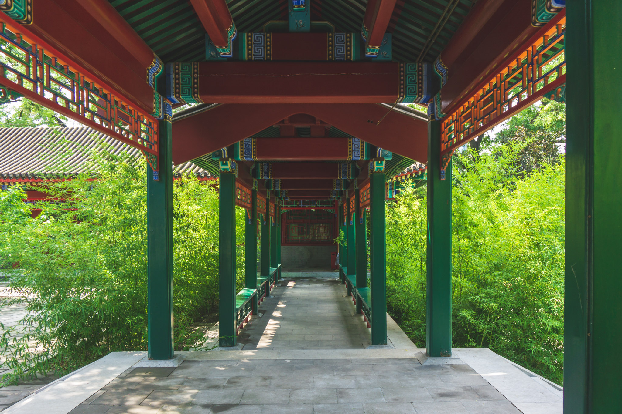 Traditional Chinese covered corridor in Beijing, framed by green bamboo and vivid red-and-green beams in a peaceful summer garden.